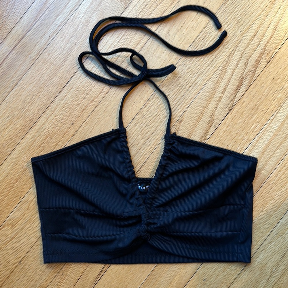 SHEIN Black Cropped Tie Neck Top